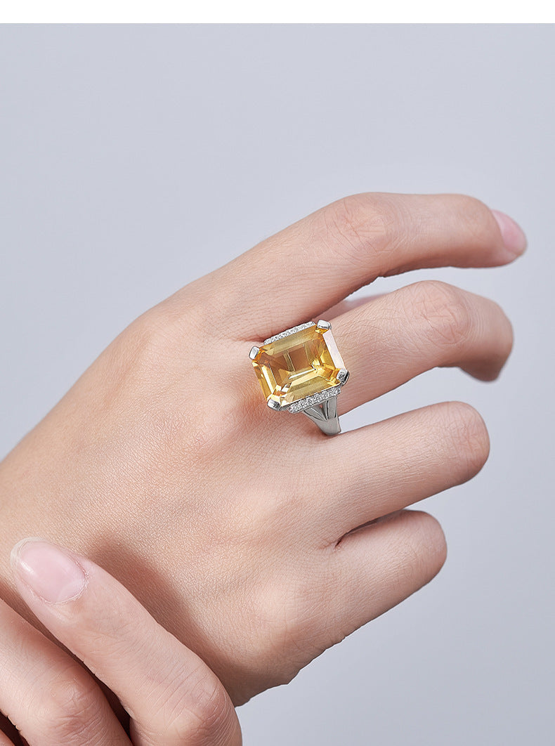 S925 Silver Delicate Fashion Cut Citrine Geometric Open Ring Simple Versatile Temperament Square Index Finger Ring Women