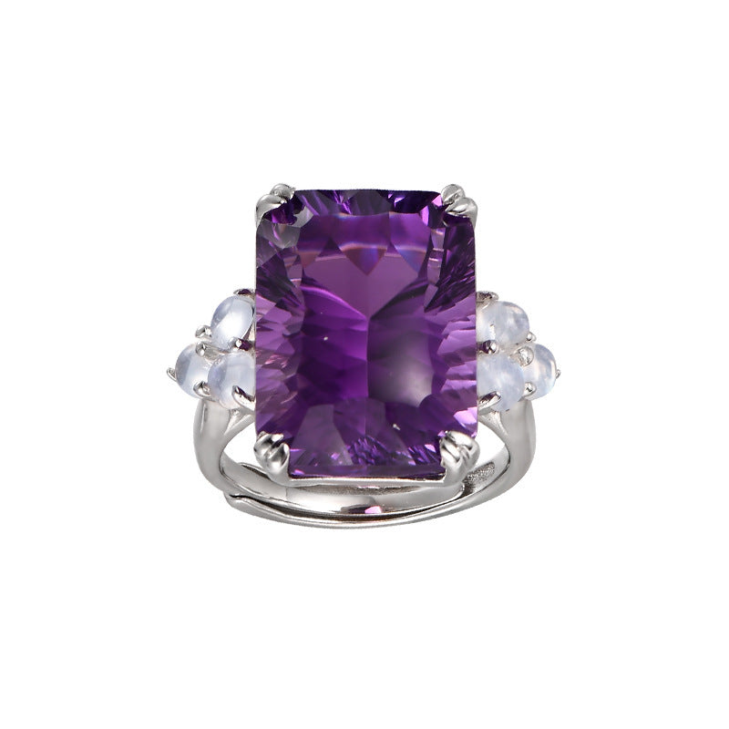 925 Sterling Silver Square Faceted Amethyst Ring - Minimalist Design