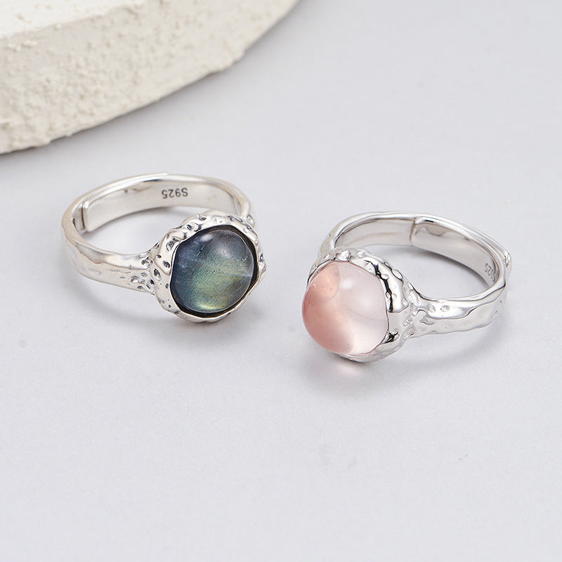 S925 silver powder crystal ring texture compact geometric adjustable ring