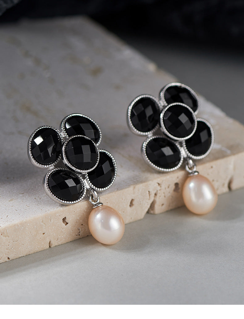 925 Sterling Silver Black Onyx Pearl Camellia Stud Earrings - French Design