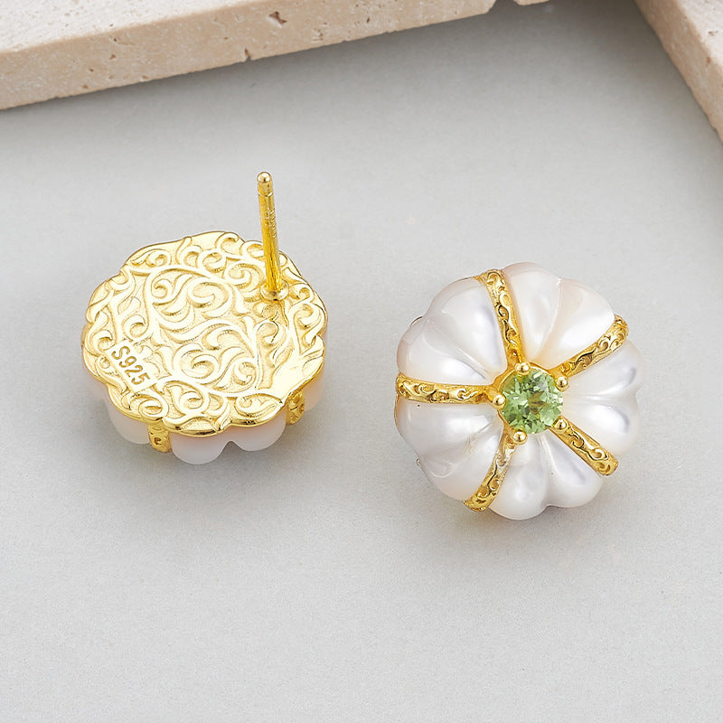 925 Sterling Silver White Shell Peridot Flower Stud Earrings - French Vintage