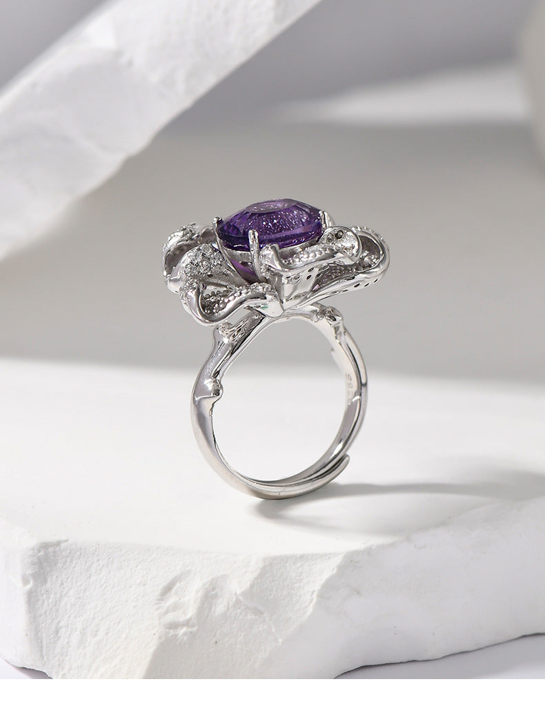 925 Sterling Silver Amethyst Flower Ring - Vintage Design