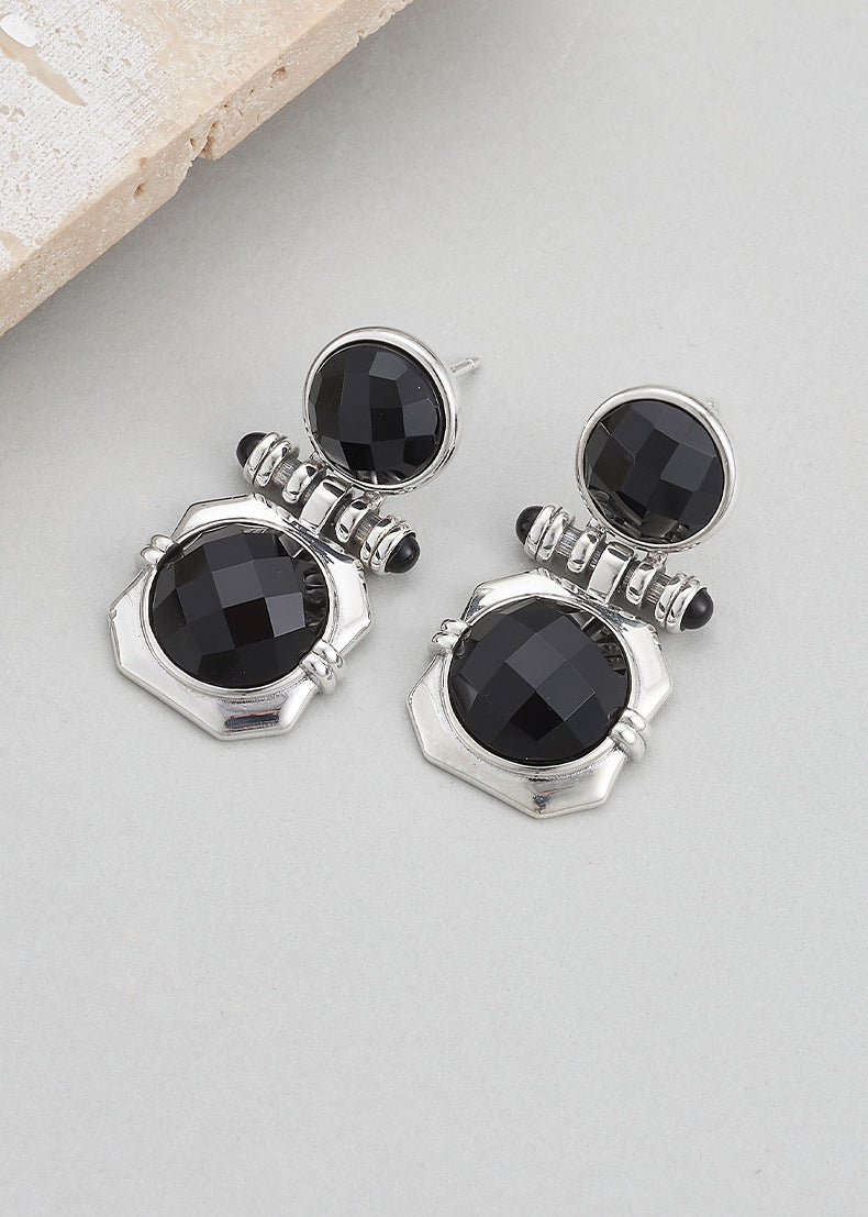 Faceted Onyx Stud Earrings - Solid 925 Silver Setting
