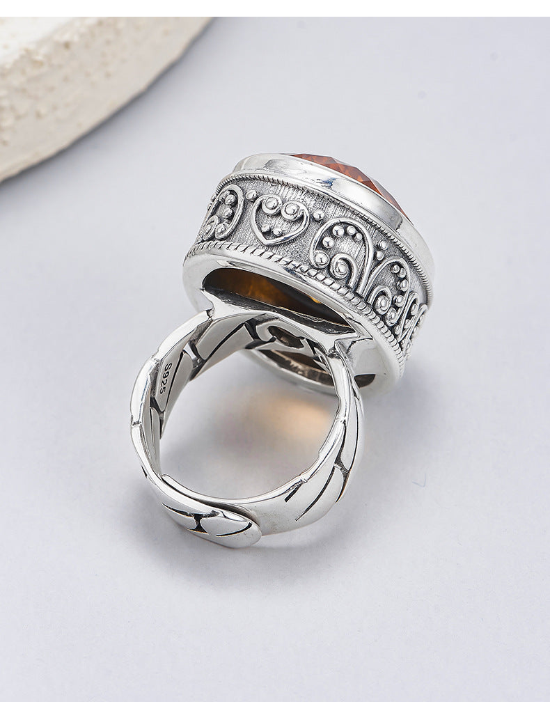 Exaggerated Oval Citrine Ring - 925 Silver Retro Pattern - Unisex Statement Ring