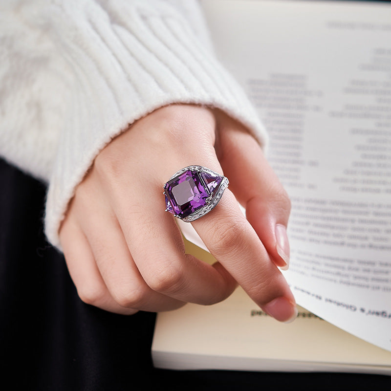Natural Amethyst Geometric Ring - 925 Silver Flash Diamond - Statement Index Finger Ring