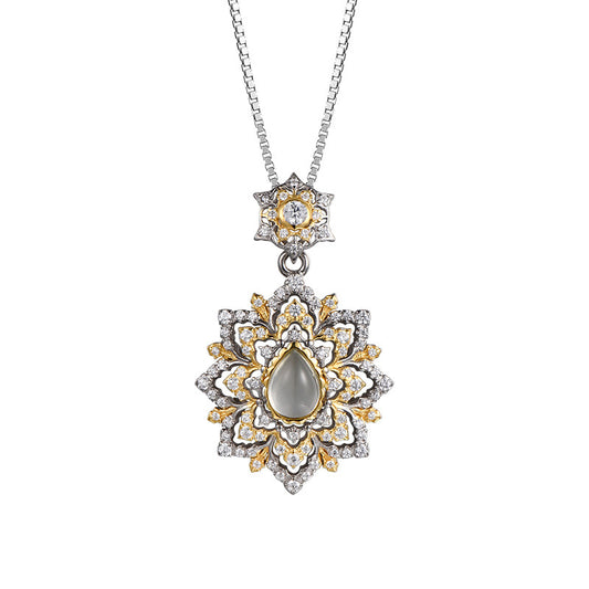 925 Sterling Silver Grape Stone Flower Pendant Necklace - Court Style