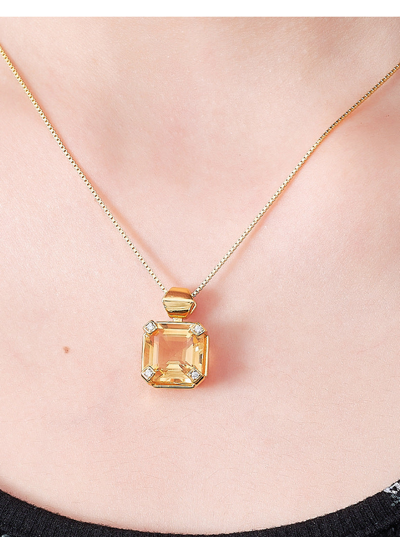 S925 silver simple and fashionable sugar cube citrine pendant light luxury niche design geometric collarbone necklace