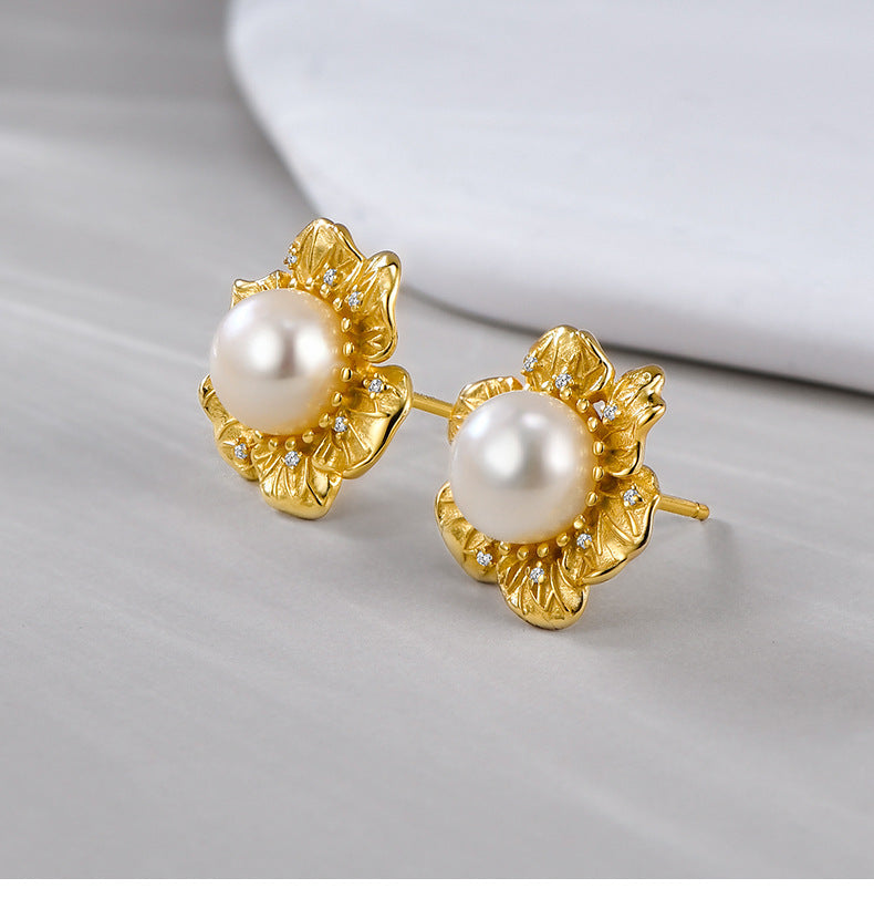 925 Sterling Silver Pearl Flower Stud Earrings - Vintage Design