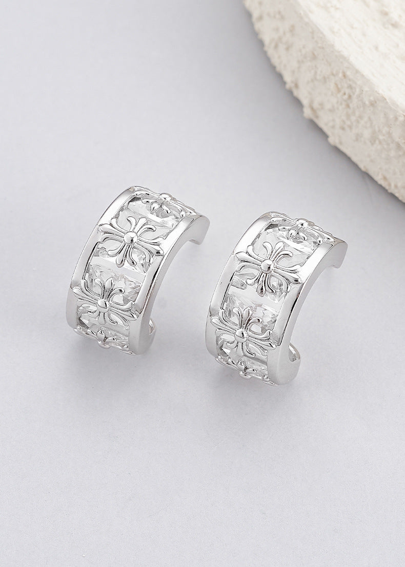925 Sterling Silver Cross Pattern C-Shape Crystal Stud Earrings