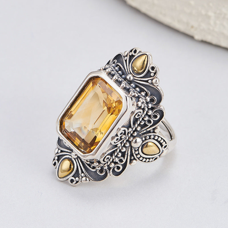 Retro Rhombus Citrine Ring - 925 Silver Copper Inlaid - Nepalese Niche Design