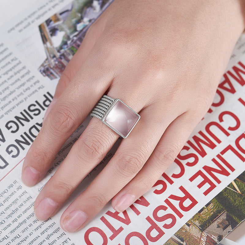 925 Sterling Silver Wide Pink Crystal Square Ring - Minimalist Unisex