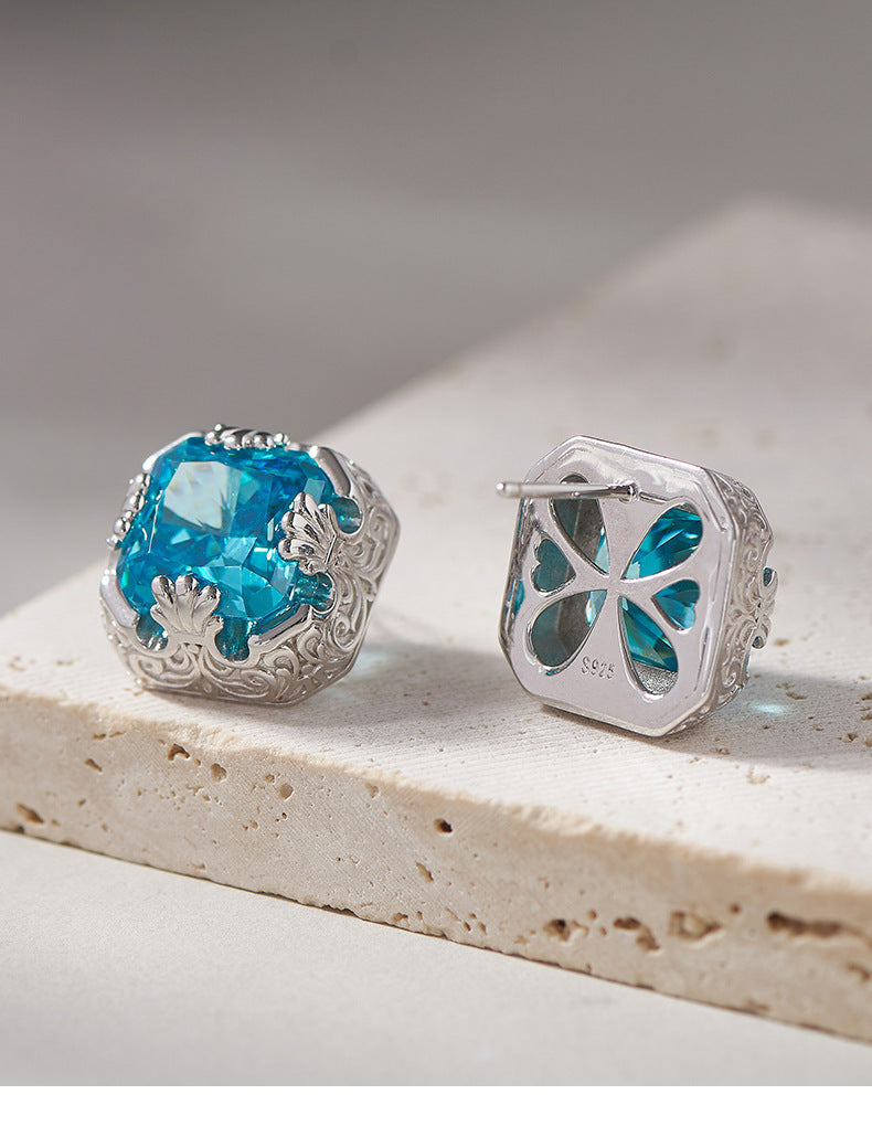 925 Sterling Silver French Vintage Aquamarine Square Stud Earrings
