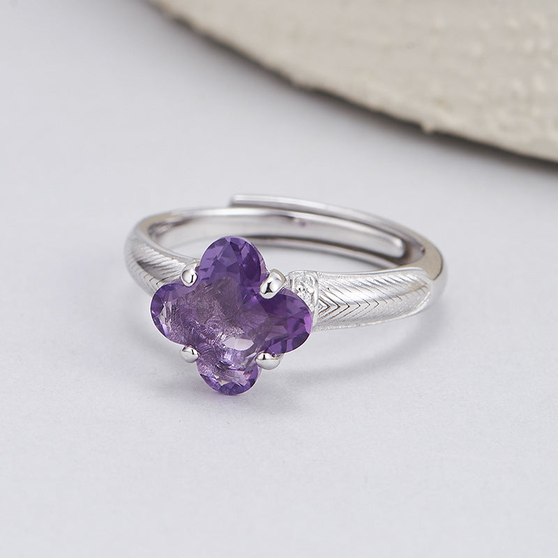 S925 silver natural amethyst ring, high-end exquisite and versatile open index finger ring women's jewelry gift