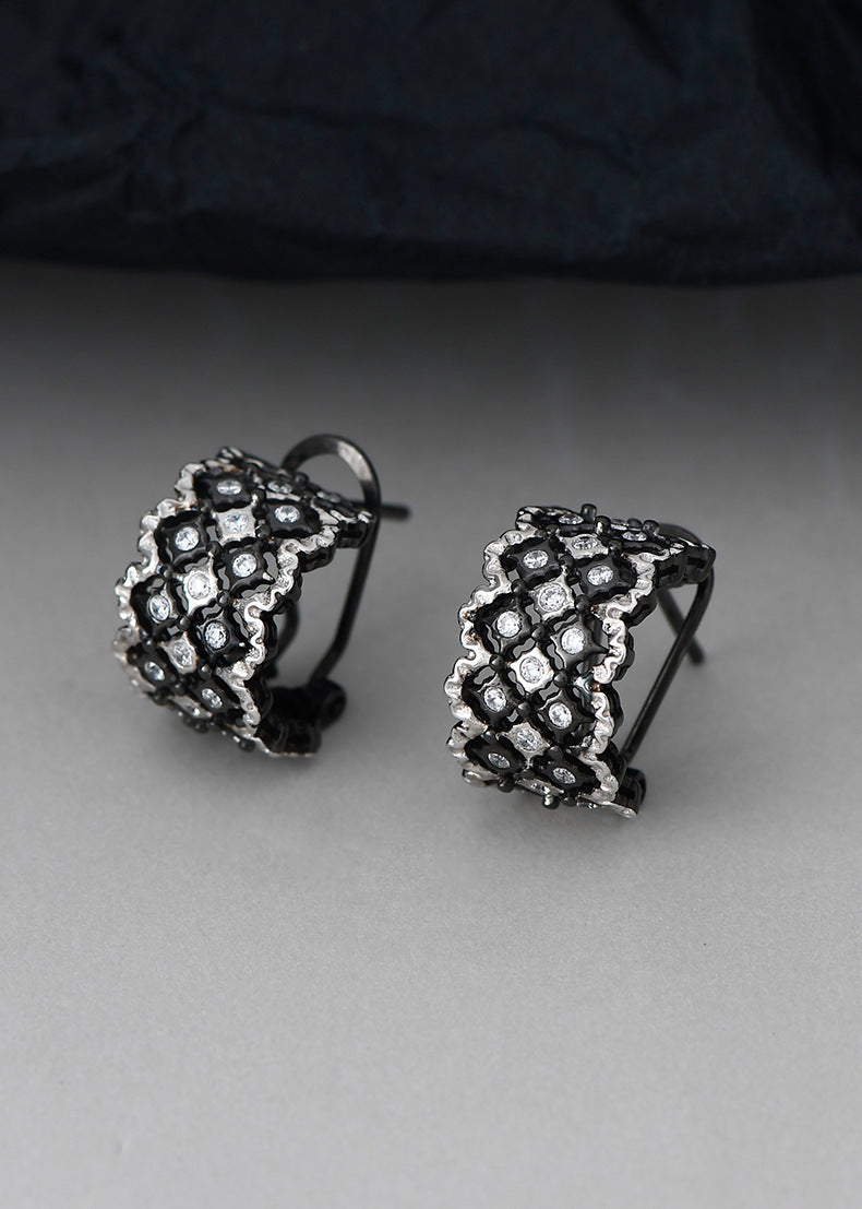 Vintage Lace C-Hoop Earrings - 925 Sterling Silver Italian Filigree Design - Black Finish