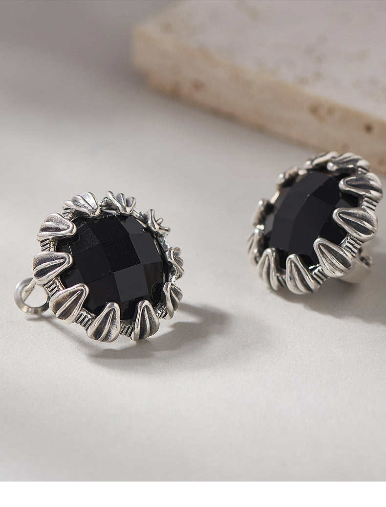 925 Sterling Silver Faceted Black Onyx Round Hoop Earrings