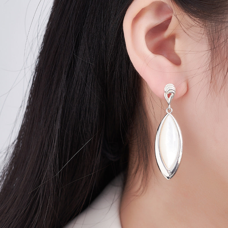 925 Sterling Silver White Shell Marquise Stud Earrings - Vintage Design