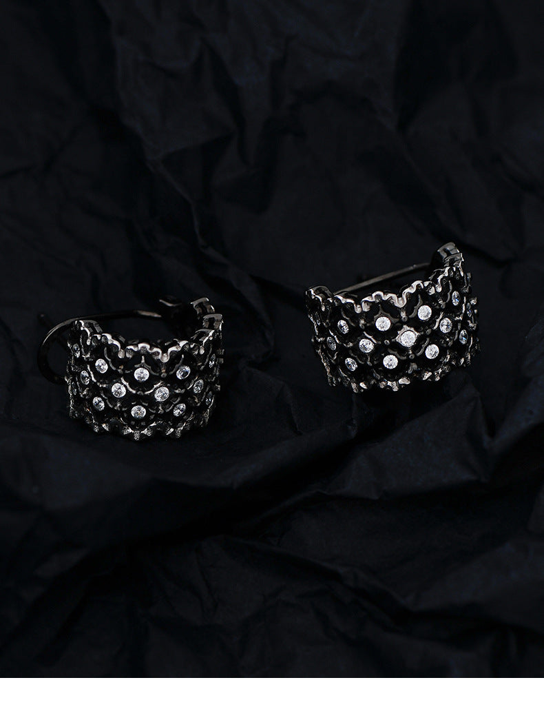Vintage Lace C-Hoop Earrings - 925 Sterling Silver Italian Filigree Design - Black Finish