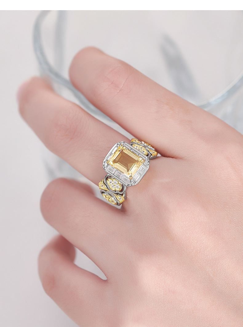 Hollow Flower Citrine Ring - 925 Silver Italian Craft - Geometric Opening Index Finger Ring