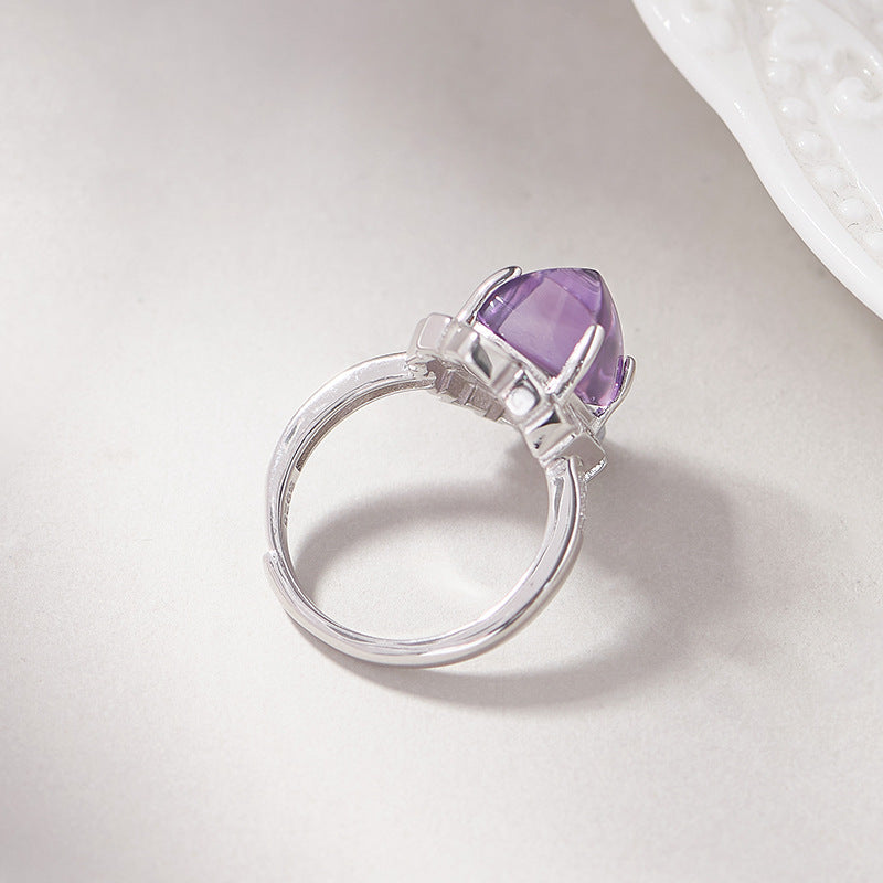 925 Sterling Silver Geometric Faceted Amethyst Open Ring - French Design