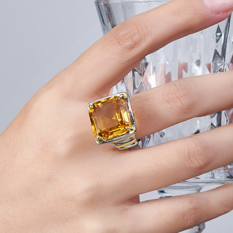 Square Citrine Ring - 925 Silver Italian Contrasting Color - Geometric Opening Ring