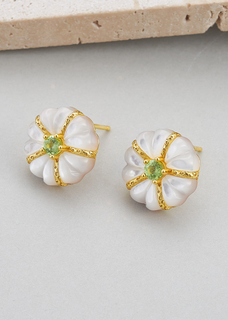 925 Sterling Silver White Shell Peridot Flower Stud Earrings - French Vintage