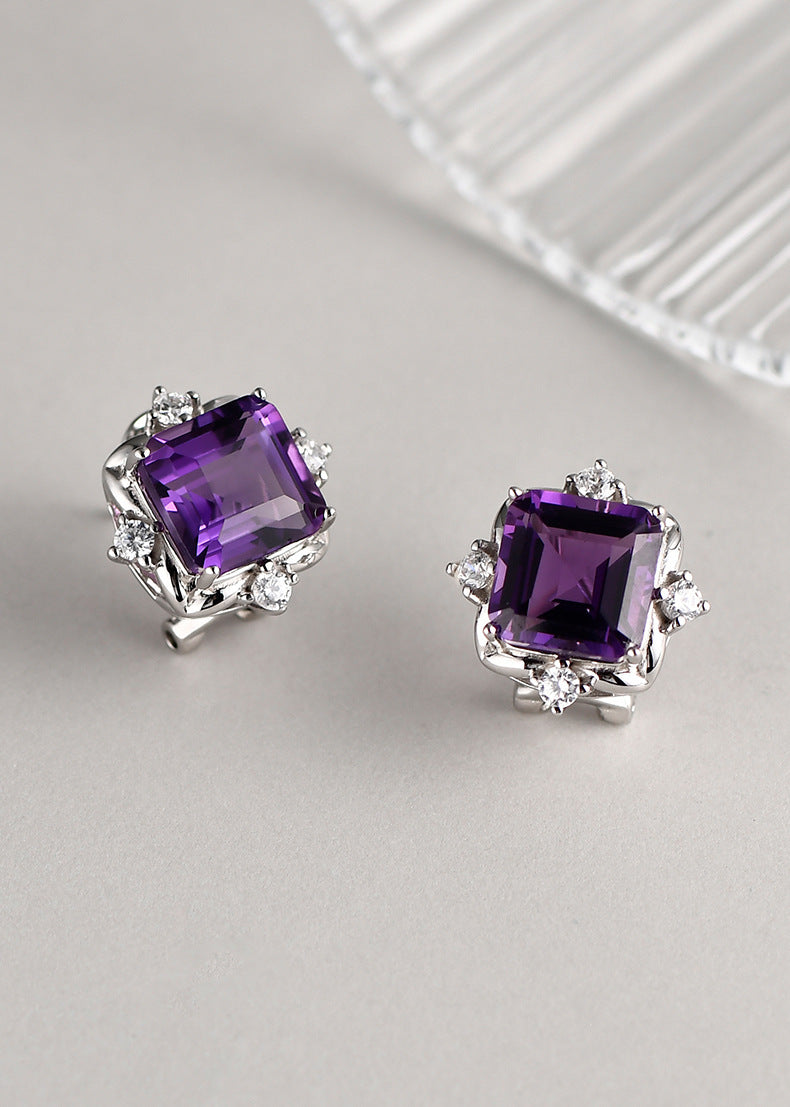 Square Amethyst Stud Earrings - 925 Sterling Silver Minimalist Cube Design