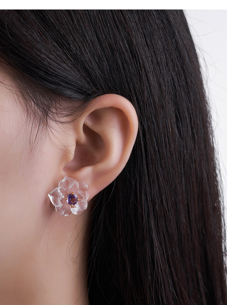 3D Flower Crystal Stud Earrings - 925 Silver Inlaid - Simple Temperament Fresh Design