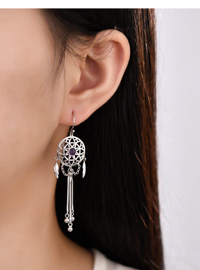 925 Sterling Silver Dreamcatcher Tassel Dangle Earrings - Bohemian Design