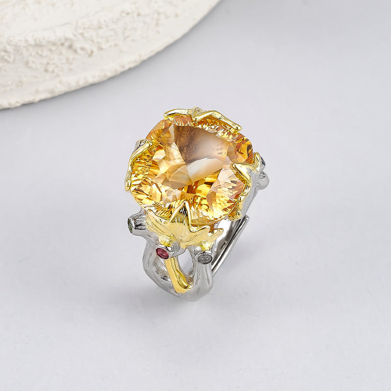 Retro Court Amethyst Ring - 925 Silver Gold-Plated Weave - Heavy Industry Statement Ring