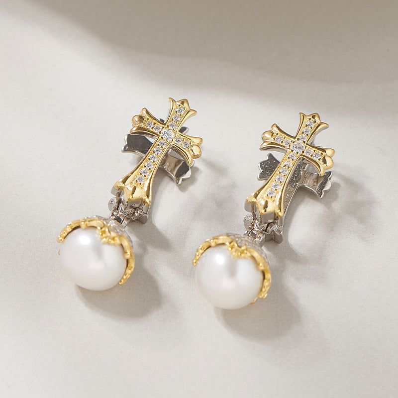 Vintage Inspired Pearl Cross Earrings - Sterling Silver Arabesque Detail - Unisex Clip-On Elegance
