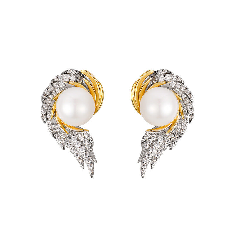 925 Sterling Silver Angel Wing Pearl Stud Earrings - French Vintage Design