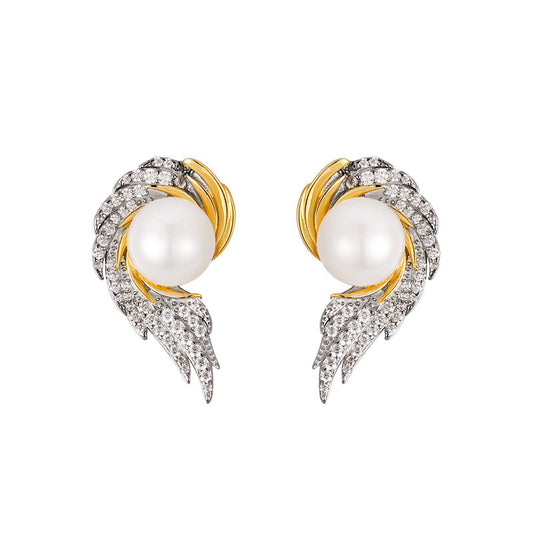 925 Sterling Silver Angel Wing Pearl Stud Earrings - French Vintage Design