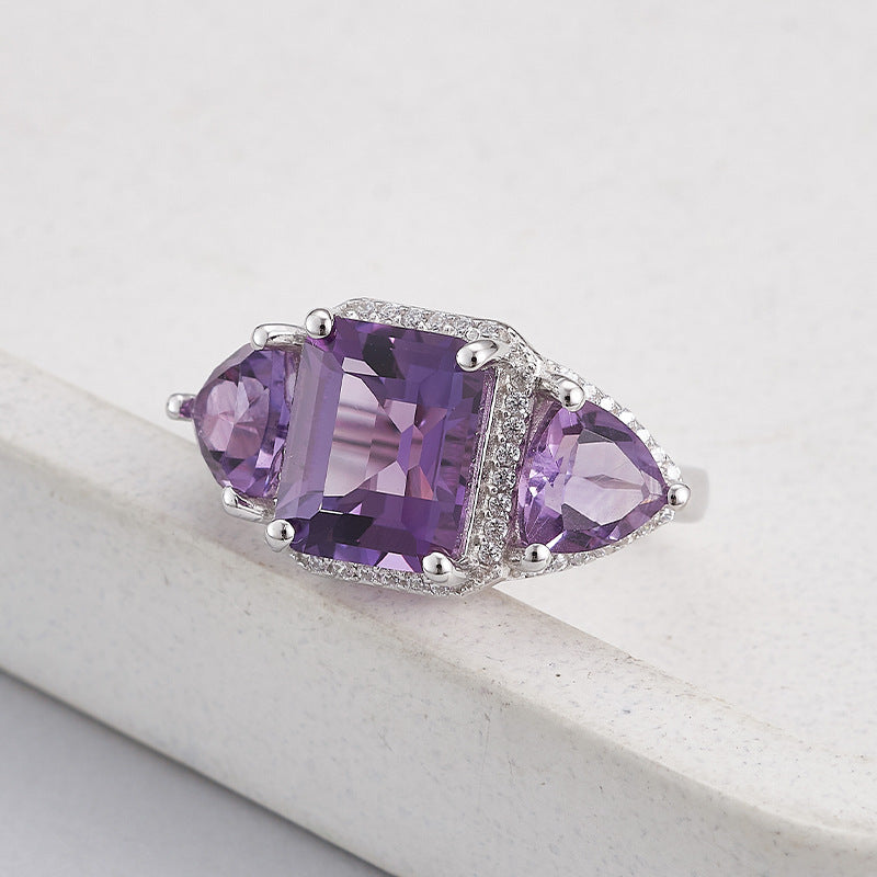 Light luxury niche design geometric ring s925 silver amethyst square fashion temperament versatile open index finger ring