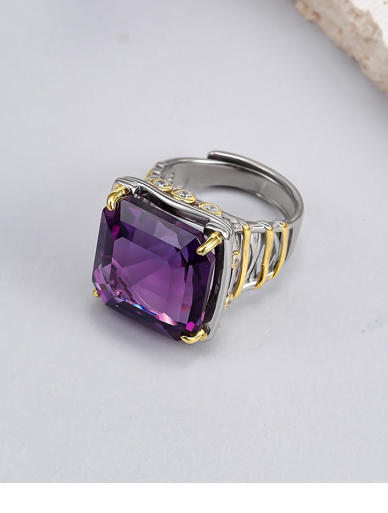 Square Citrine Ring - 925 Silver Italian Contrasting Color - Geometric Opening Ring