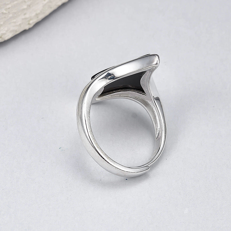 Rhombus Black Agate Ring - 925 Silver Cold Sweet Cool - Geometric Opening Couple Ring