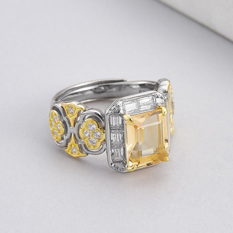 Hollow Flower Citrine Ring - 925 Silver Italian Craft - Geometric Opening Index Finger Ring