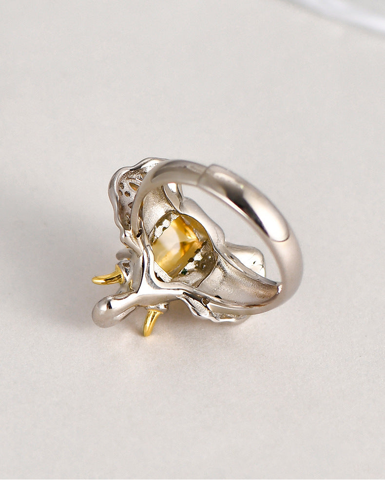 Elephant Citrine Ring - 925 Sterling Silver Adjustable Band with Micro-Pavé Detail