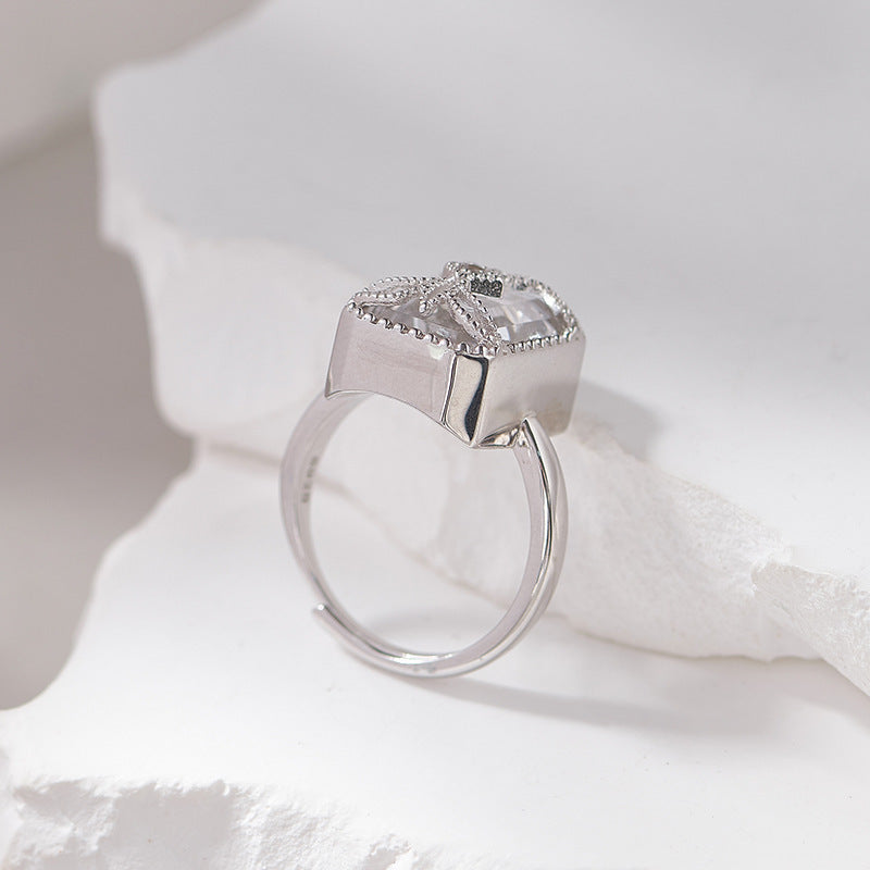 Square Wrapped Quartz Ring - 925 Sterling Silver Wire-Wrapped Adjustable Band