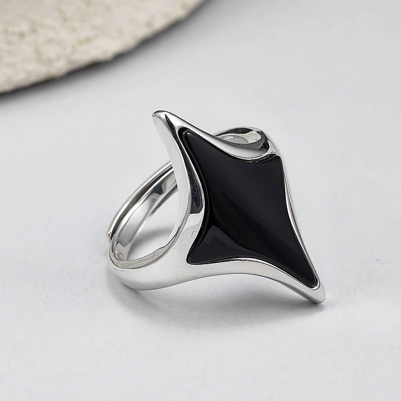 Rhombus Black Agate Ring - 925 Silver Cold Sweet Cool - Geometric Opening Couple Ring