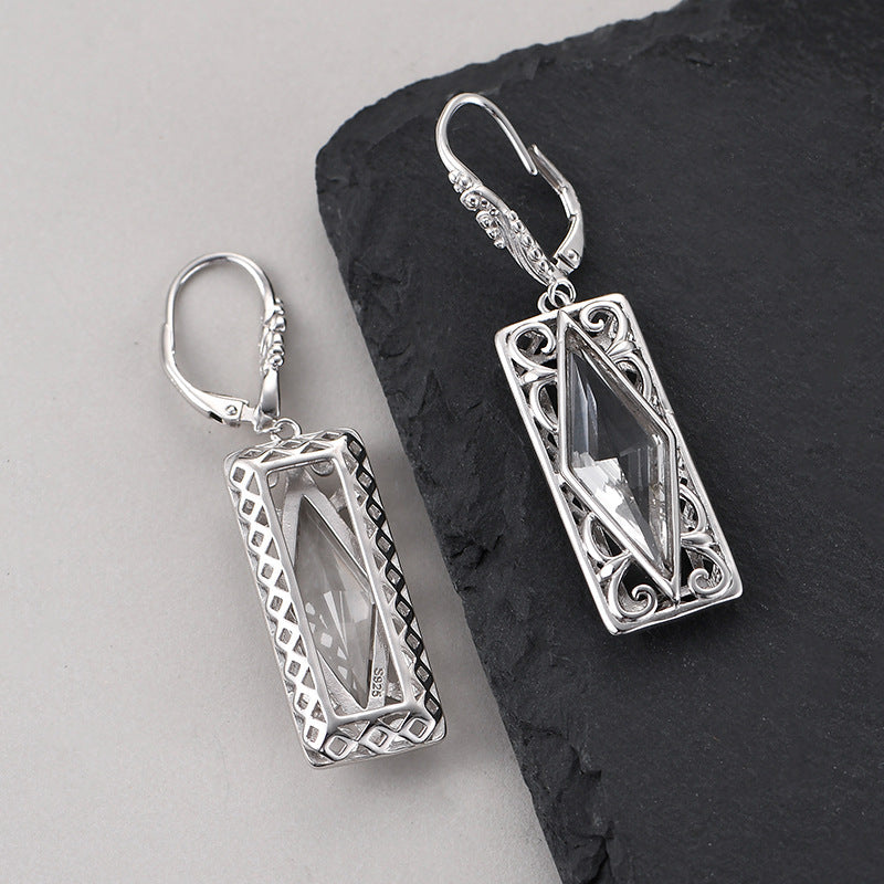 925 Sterling Silver Diamond-Shaped White Crystal Earrings - Court Style