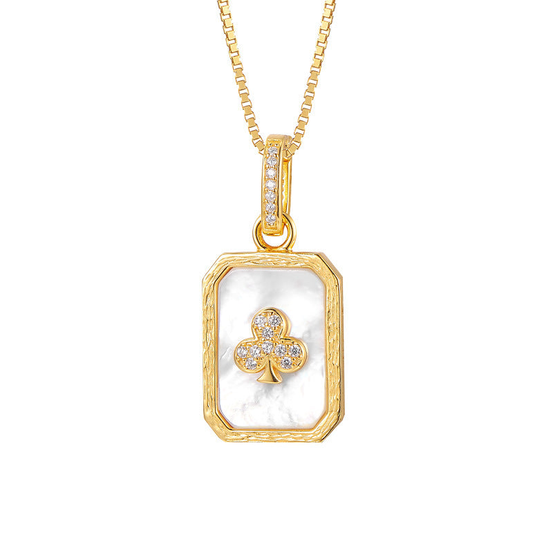 S925 silver-plated hemming inlaid shell pendant light luxury niche design playing card pendant collarbone necklace women