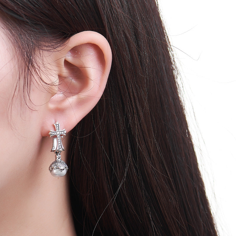 Vintage Inspired Pearl Cross Earrings - Sterling Silver Arabesque Detail - Unisex Clip-On Elegance