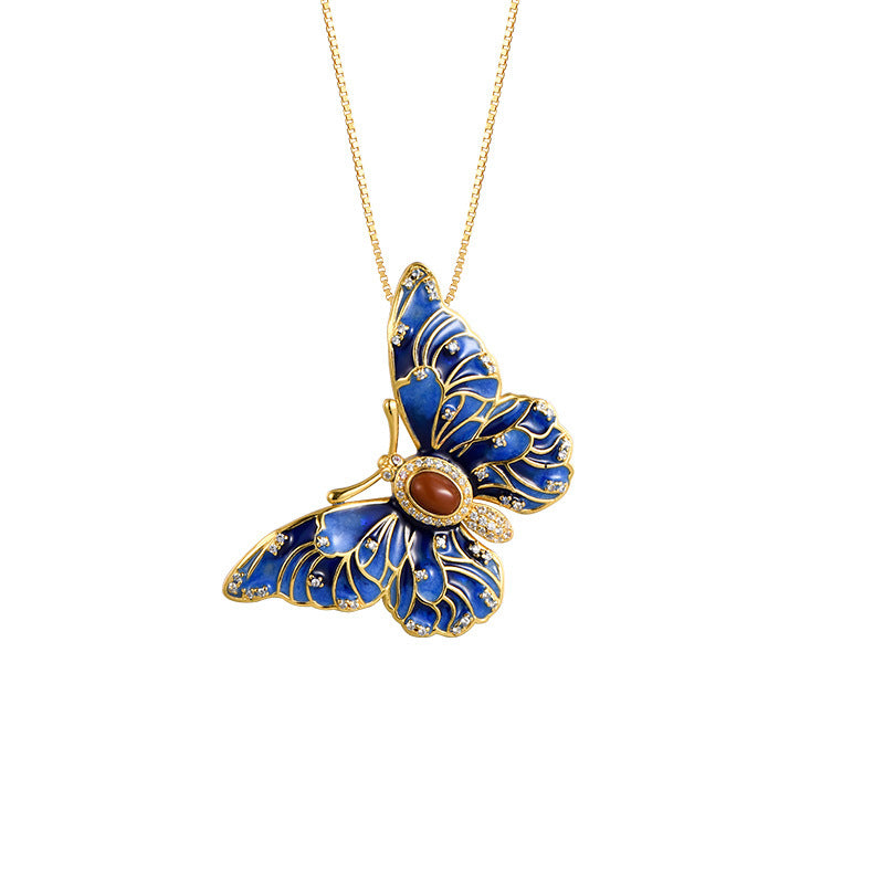 Butterfly Pendant Brooch - 925 Sterling Silver Convertible Necklace & Pin - Ethnic Design