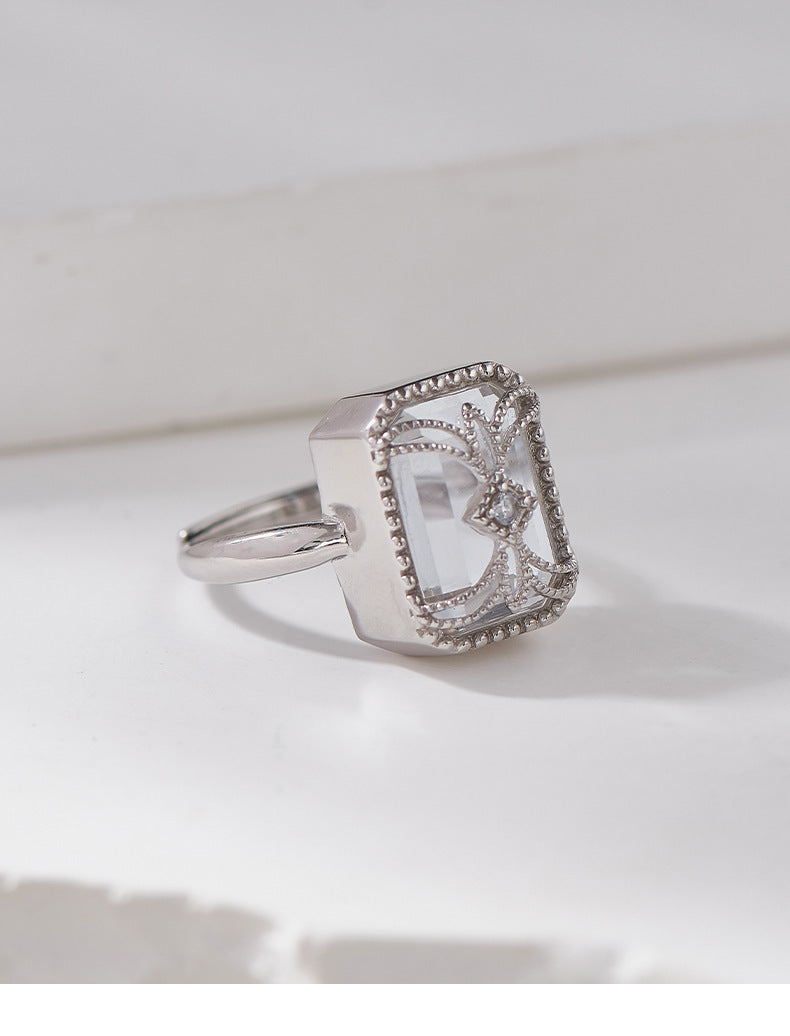 Square Wrapped Quartz Ring - 925 Sterling Silver Wire-Wrapped Adjustable Band