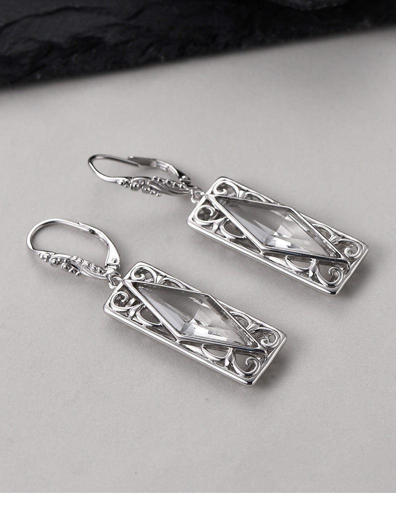 925 Sterling Silver Diamond-Shaped White Crystal Earrings - Court Style
