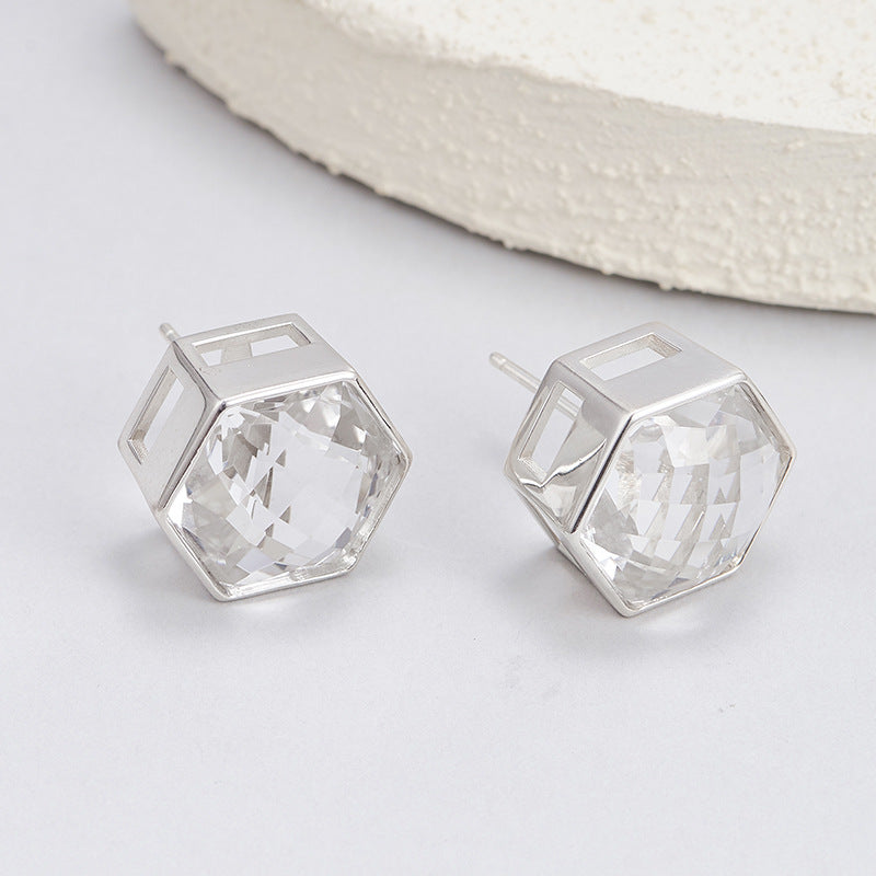 S925 silver rhombus white crystal heavy industry open ring design sense versatile temperament geometric stud earrings jewelry
