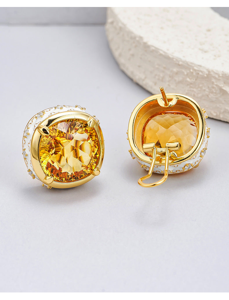 Luxury Enamel Citrine Earrings | 925 Sterling Silver | Medieval Geometric Statement Earrings