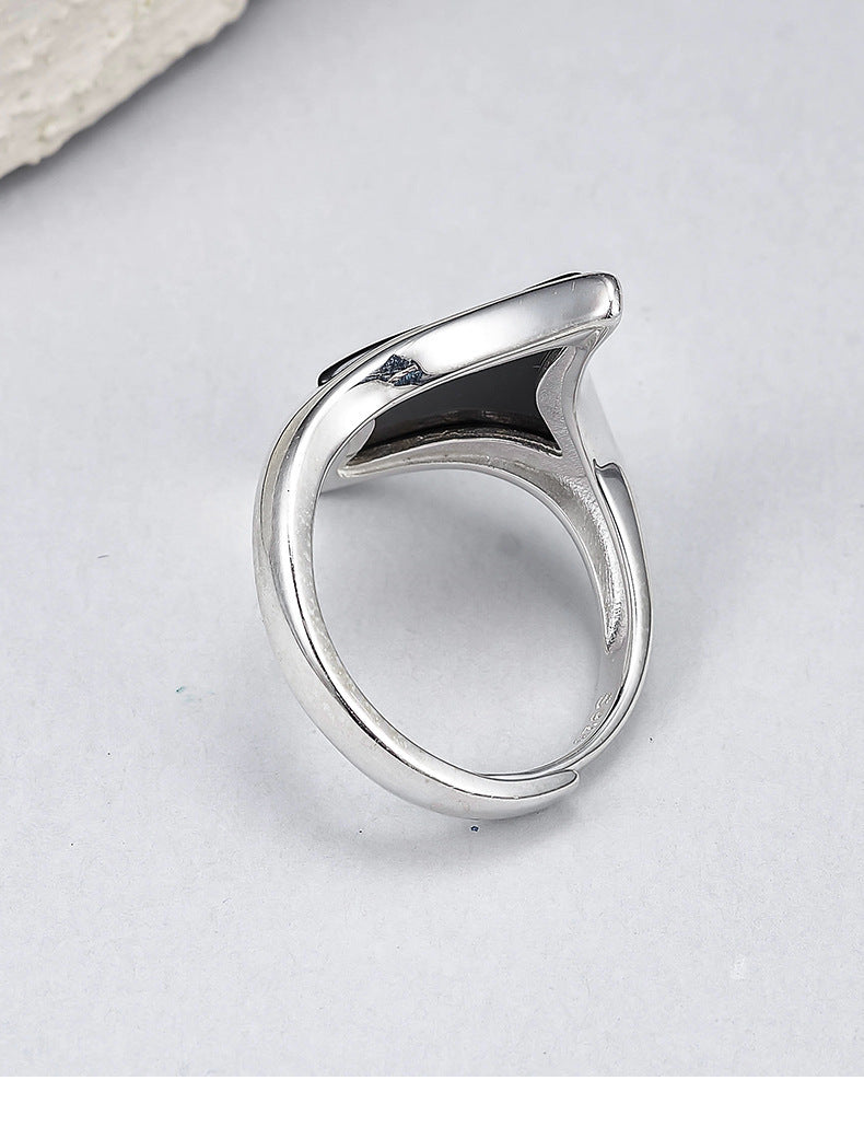Rhombus Black Agate Ring - 925 Silver Cold Sweet Cool - Geometric Opening Couple Ring