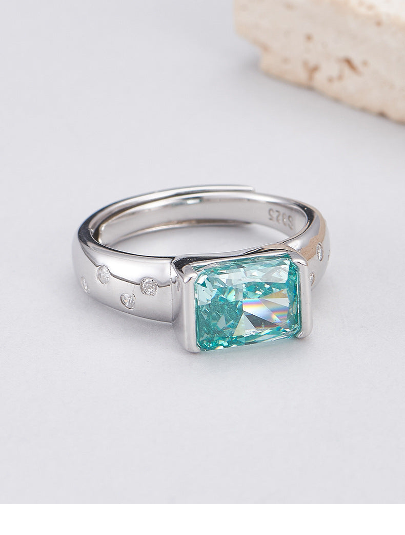 Square Paraiba Tourmaline Ring - 925 Sterling Silver Adjustable Band with Faceted Stone