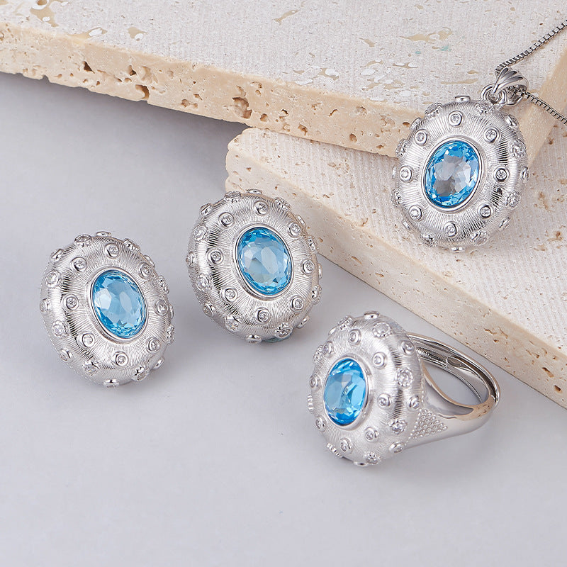 925 Sterling Silver Brushed Oval Topaz Ring with Crystals - Court Style Open Ring